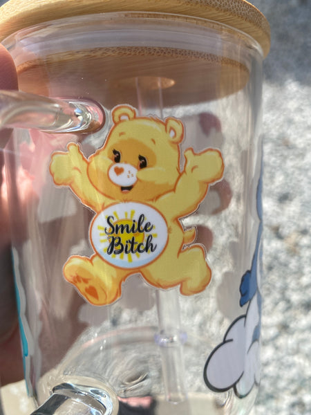 Ultimate SwearBear Glass Handled Coffee Mug W/ Bamboo Lid & Straw