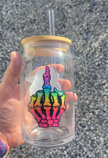 Neon Rainbow Skelly Girl Glass Can W/Bamboo Lid & Straw