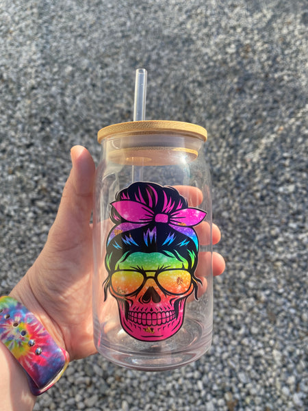 Neon Rainbow Skelly Girl Glass Can W/Bamboo Lid & Straw