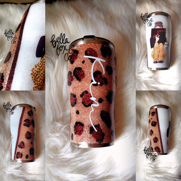 Custom Leopard Print Reading Girl Glitter Tumbler **FREE SHIPPING