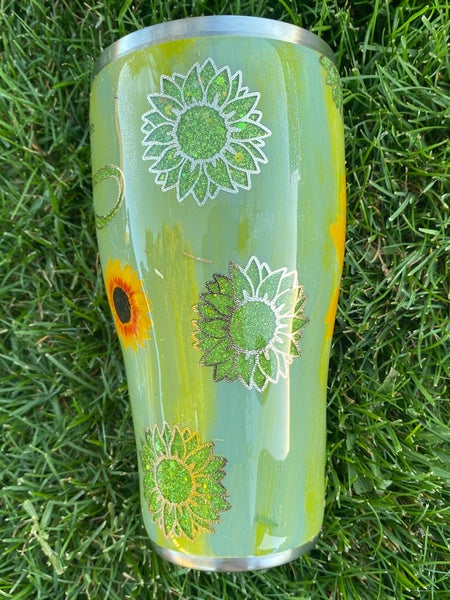 Sage Sunflower Glitter Tumbler