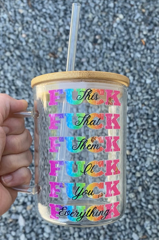 Fuck It All Neon Rainbow Glass Handled Coffee Mug