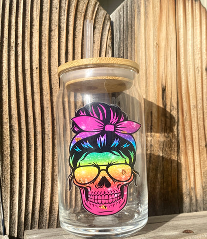 Neon Rainbow Skelly Girl Glass Can W/Bamboo Lid & Straw