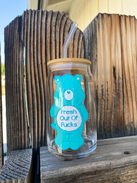Fresh Out of Fucks SwearBear Glass Can w/Bamboo Lid   **FREE SHIPPING