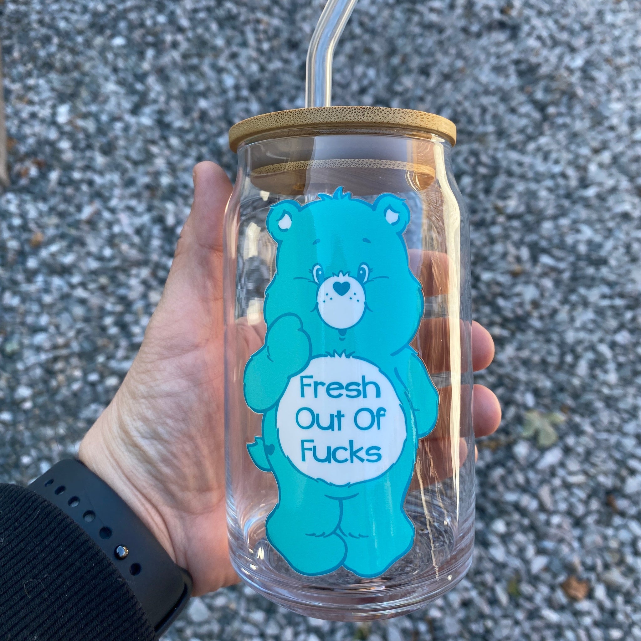 Fresh Out of Fucks SwearBear Glass Can w/Bamboo Lid   **FREE SHIPPING