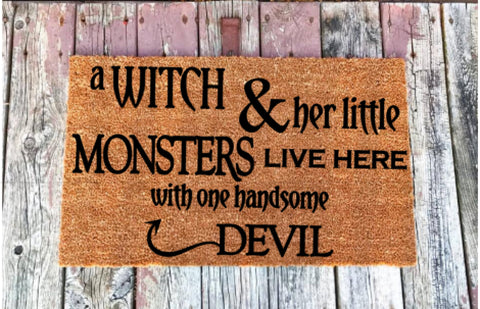 Halloween Witch & Little Monster Doormat  **FREE SHIPPING
